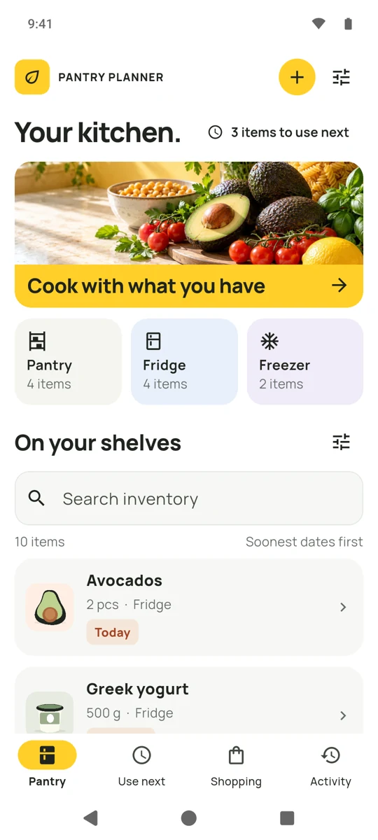 Pantry Planner inventory screen with pantry, fridge and freezer categories