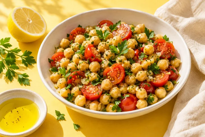 Chickpea salad with tomatoes and greens